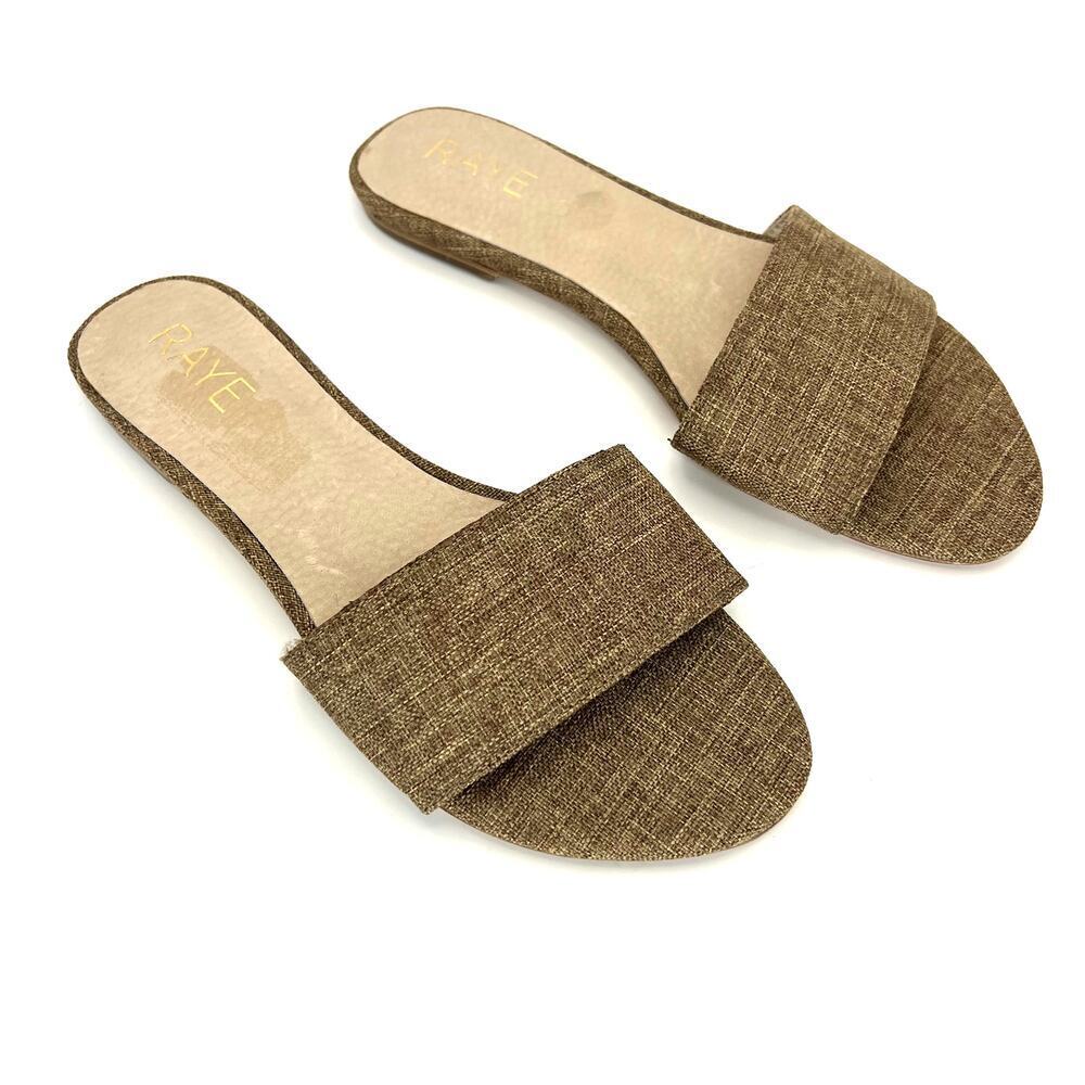 RAYE Slide Sandals Beige Brown Textile Wide Band Flat Slip On Women's 7